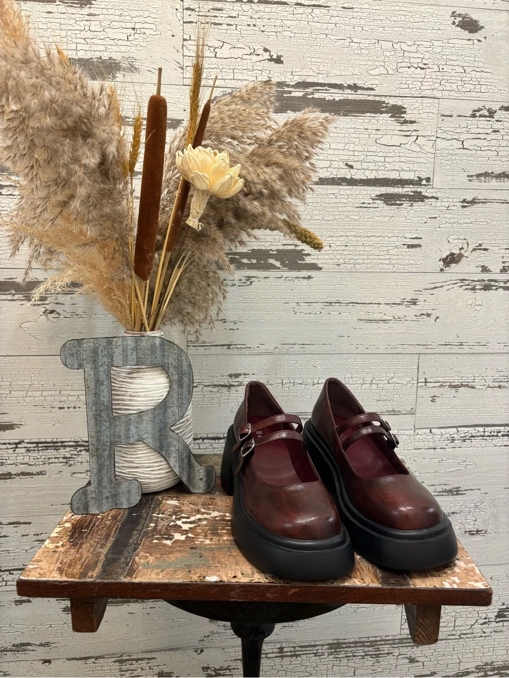 Cider Double-Strap Mary Jane Platform Loafers in Burgundy Size: 8